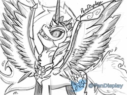 Size: 1080x810 | Tagged: safe, artist:pendisplay, derpibooru import, daybreaker, princess celestia, alicorn, pony, black and white, drawing, female, grayscale, mare, monochrome, simple background
