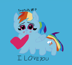 Size: 4745x4284 | Tagged: safe, artist:toyashixp, derpibooru import, rainbow dash, pegasus, pony, g4, backwards cutie mark, blue background, female, foal, heart, mare, simple background