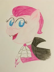 Size: 3024x4032 | Tagged: safe, artist:jesslmc16, derpibooru import, pinkie pie, earth pony, pony, undead, vampire, vampony, bust, clothes, colored, colored pencil drawing, colored pencils, costume, dracula, fangs, halloween, halloween costume, holiday, looking at you, october, portrait, smiling, smiling at you, traditional art