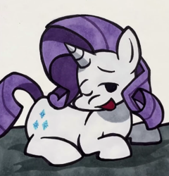 Size: 322x336 | Tagged: safe, artist:lu&ss, derpibooru import, rarity, pony, unicorn, bed, female, friday night funkin', funkin' is magic, horn, lying down, mare, marker drawing, one eye closed, prone, smiling, traditional art, wink, youtube link