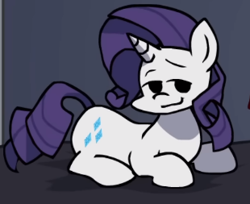 Size: 310x253 | Tagged: safe, artist:rainbrony, derpibooru import, edit, rarity, pony, unicorn, bed, bedroom, bedroom eyes, cropped, female, friday night funkin', funkin' is magic, horn, kush, lying down, mare, prone, smiling, youtube link