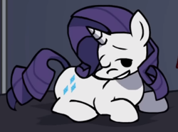 Size: 319x237 | Tagged: safe, artist:rainbrony, derpibooru import, edit, rarity, pony, unicorn, bed, bedroom, bedroom eyes, cropped, female, friday night funkin', funkin' is magic, horn, kush, lying down, mare, one eye closed, prone, smiling, wink, youtube link