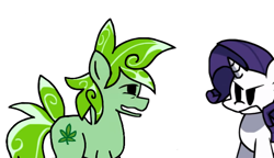 Size: 662x380 | Tagged: safe, artist:rainbrony, derpibooru import, rarity, oc, oc:stoney poney, earth pony, pony, unicorn, angry, drugs, female, high, horn, male, mare, marijuana, simple background, smiling, stallion, stoned, white background, youtube link