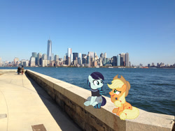 Size: 2048x1536 | Tagged: safe, artist:estories, artist:jaredking779, artist:jhayarr23, derpibooru import, applejack, coloratura, earth pony, pony, clothes, cowboy hat, female, hat, irl, manhattan, mare, new york, new york city, photo, ponies in real life, see-through, sitting, stetson