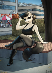 Size: 905x1280 | Tagged: safe, artist:apocheck13, derpibooru import, oc, oc:elya, anthro, earth pony, bench, clothes, crop top bra, crossed legs, denim shorts, earth pony oc, female, high heel boots, looking at you, pantyhose, park, park bench, shorts, solo