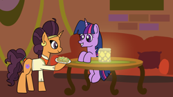 Size: 1920x1080 | Tagged: safe, artist:platinumdrop, derpibooru import, saffron masala, twilight sparkle, request, sofa, table, the tasty treat