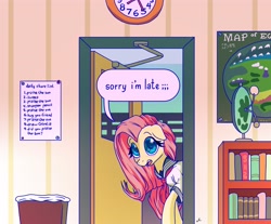 Size: 4096x3384 | Tagged: safe, artist:docwario, derpibooru import, fluttershy, pegasus, pony, blushing, classroom, clothes, cute, ears, female, floppy ears, high res, mare, open mouth, school uniform, shyabetes, solo, speech bubble