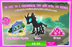 Size: 1967x1297 | Tagged: safe, derpibooru import, queen chrysalis, thorax, zecora, changeling, advertisement, alternate timeline, bush, chrysalis resistance timeline, costs real money, english, fangs, flower, gameloft, gem, horn, insect wings, male, numbers, official, pillar, sale, solo, solo focus, tapestry, text, wings