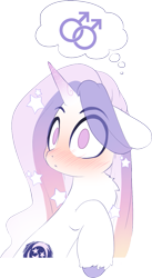 Size: 737x1344 | Tagged: safe, artist:loyaldis, derpibooru import, oc, oc only, oc:night ink, pony, unicorn, blushing, blushing profusely, ears, floppy ears, implied gay, male, male symbol, simple background, solo, thought bubble, transparent background