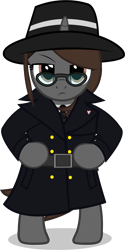 Size: 3116x6237 | Tagged: safe, artist:mlpmvguy, derpibooru import, oc, oc:sonata, pony, unicorn, belt, bipedal, clothes, elements of justice, female, glasses, hat, mare, simple background, solo, transparent background, trenchcoat, turnabout storm, vector