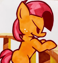 Size: 322x353 | Tagged: safe, artist:lu&ss, derpibooru import, babs seed, earth pony, pony, one bad apple, season 3, bipedal, clubhouse, crusaders clubhouse, female, filly, foal, freckles, friday night funkin', funkin' is magic, marker drawing, scene interpretation, smiling, traditional art, youtube link
