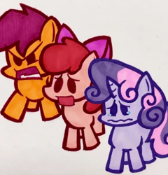 Size: 324x337 | Tagged: safe, artist:lu&ss, derpibooru import, apple bloom, scootaloo, sweetie belle, earth pony, pegasus, pony, unicorn, angry, apple bloom's bow, bow, crying, cutie mark crusaders, female, filly, foal, friday night funkin', funkin' is magic, hair bow, horn, marker drawing, sad, traditional art, wavy mouth, youtube link