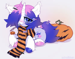 Size: 1280x1018 | Tagged: safe, artist:astralblues, derpibooru import, oc, oc only, pony, unicorn, clothes, ear fluff, ears, female, halloween, holiday, jack-o-lantern, lying down, mare, prone, pumpkin, scarf, solo, striped scarf, thermometer