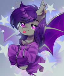 Size: 1280x1514 | Tagged: safe, artist:astralblues, derpibooru import, oc, bat pony, pony, clothes, female, hoodie, mare, solo