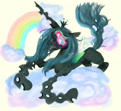 Size: 3500x3200 | Tagged: safe, artist:puppetizer, derpibooru import, queen chrysalis, changeling, changeling queen, cloud, female, forked tongue, rainbow, solo, squiggly, wingding eyes