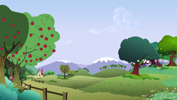 Size: 5333x3000 | Tagged: safe, artist:timeimpact, derpibooru import, a canterlot wedding, apple, apple tree, background, building, fence, hill, meadow, mountain, no pony, scenery, tree