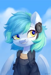 Size: 2816x4096 | Tagged: safe, artist:sofiko-ko, derpibooru import, oc, oc only, oc:siriusnavigator, pegasus, pony, clothes, commission, earpiece, female, grin, jacket, looking offscreen, mare, smiling, solo