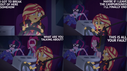 Size: 4400x2475 | Tagged: safe, derpibooru import, edit, edited screencap, editor:quoterific, screencap, pinkie pie, sci-twi, sunset shimmer, twilight sparkle, better together, equestria girls, sunset's backstage pass!
