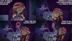 Size: 4400x2475 | Tagged: safe, derpibooru import, edit, edited screencap, editor:quoterific, screencap, pinkie pie, sci-twi, sunset shimmer, twilight sparkle, equestria girls, equestria girls series, sunset's backstage pass!, spoiler:eqg series (season 2)