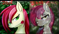Size: 513x302 | Tagged: safe, artist:dashy21, derpibooru import, roseluck, earth pony, pony, bust, flower, flower in mouth, lidded eyes, looking at you, mouth hold, neck fluff, rose, rose in mouth, smiling, smiling at you, solo