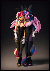 Size: 4000x5656 | Tagged: safe, artist:imafutureguitarhero, derpibooru import, sci-twi, sunset shimmer, twilight sparkle, twilight sparkle (alicorn), alicorn, anthro, classical unicorn, unguligrade anthro, unicorn, 3d, :s, adorasexy, arm fluff, arm freckles, blushing, boots, border, bunny ears, bunny suit, bunny tail, cheek fluff, chest freckles, chin fluff, chromatic aberration, clothes, cloven hooves, colored eyebrows, colored eyelashes, costume, crossed legs, cuffs (clothes), cute, dialogue in the description, duo, duo female, ear fluff, ear freckles, ears, embarrassed, female, film grain, floppy ears, fluffy, fluffy mane, fluffy tail, freckles, fur, glitter, gloves, grin, hand on hip, hand on shoulder, hoof boots, horn, leg freckles, leonine tail, lesbian, long hair, long mane, looking at someone, looking down, mare, matching outfits, multicolored hair, multicolored mane, multicolored tail, nervous, nose wrinkle, one ear down, one eye closed, outfit, paintover, peppered bacon, playboy bunny, revamped anthros, revamped ponies, scitwilicorn, scitwishimmer, scrunchy face, see-through, sexy, shadow, shimmerbetes, shipping, shoes, shoulder fluff, shoulder freckles, signature, sleeveless, smiling, source filmmaker, stockings, sunsetsparkle, tail, tail fluff, thigh highs, twiabetes, unshorn fetlocks, varying degrees of amusement, vertical, wall of tags, wavy mouth, wings, wink