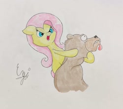 Size: 1667x1489 | Tagged: safe, artist:engi, derpibooru import, fluttershy, harry, bear, pegasus, pony, lesson zero, aggressive, angry eyes, female, open mouth, simple background, tongue, tongue out, traditional art, watercolor painting