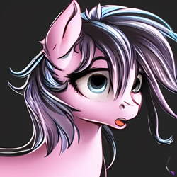 Size: 1024x1024 | Tagged: safe, artist:hazy skies, derpibooru import, generator:purplesmart.ai, generator:stable diffusion, machine learning generated, oc, pony, ear fluff, ears, existential crisis, female, i've seen some shit, mare, messy mane, nostril flare, open mouth, scared, shocked, simple background, solo, unnamed oc