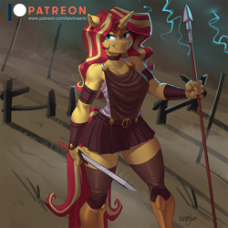 Size: 900x900 | Tagged: safe, artist:kevinsano, derpibooru import, sunset shimmer, anthro, unicorn, armor, clothes, female, goddess, looking at you, mare, patreon, patreon logo, skirt, smiling, smiling at you, smirk, solo, spear, sword, weapon