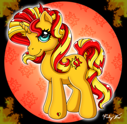 Size: 1125x1095 | Tagged: safe, artist:drinkyourvegetable, derpibooru import, sunset shimmer, pony, unicorn, g1, g4, catasterism, cutie mark background, female, fiery shimmer, g4 to g1, generation leap, solo, sun, sunshine shimmer