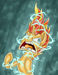 Size: 786x1020 | Tagged: safe, artist:bananasplitzel, artist:da-waffle, derpibooru import, sunset shimmer, pony, unicorn, angry, female, lightning, open mouth, rage, solo