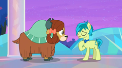 Size: 1600x900 | Tagged: safe, derpibooru import, screencap, sandbar, yona, earth pony, pony, yak, she's all yak, bow, bowtie, cloven hooves, duo, eyes closed, female, hair bow, male, monkey swings