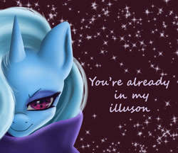 Size: 1622x1404 | Tagged: safe, artist:polnocnykot, derpibooru import, trixie, pony, unicorn, illusion, joke, looking at you, my little pony, naruto, sharingan, smiling