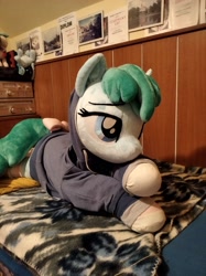 Size: 3016x4032 | Tagged: safe, artist:epicrainbowcrafts, derpibooru import, spring melody, sprinkle medley, pegasus, pony, bed, bedroom eyes, blanket, bow, clothes, hoodie, irl, life size, lying down, photo, plushie, prone, socks, solo, striped socks, tail, tail bow