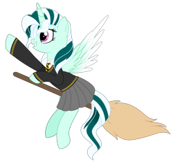 Size: 2887x2738 | Tagged: safe, artist:cindystarlight, derpibooru import, oc, oc only, oc:arcana formula, alicorn, pony, alicorn oc, broom, clothes, commission, cosplay, costume, crossover, cute, female, flying, flying broomstick, grin, harry potter (series), horn, hufflepuff, mare, necktie, parody, raised hoof, raised leg, school uniform, shirt, simple background, skirt, smiling, solo, sweater, transparent background, wings, ych result