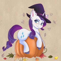 Size: 2169x2160 | Tagged: safe, artist:galaxy swirl, derpibooru import, rarity, pony, unicorn, cute, ear fluff, ears, female, halloween, hat, holiday, leaves, mare, pumpkin, simple background, smiling, solo, unshorn fetlocks, witch hat