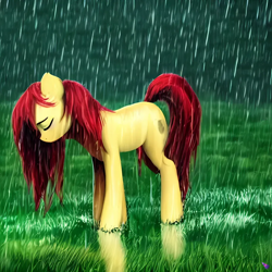 Size: 1024x1024 | Tagged: safe, artist:hazy skies, derpibooru import, generator:purplesmart.ai, generator:stable diffusion, machine learning generated, oc, earth pony, pony, grass, grass field, head down, missing limb, not roseluck, rain, reflection, sad, sad pony, solo, unnamed oc, wet, wet mane