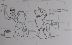 Size: 2048x1277 | Tagged: safe, artist:pony quarantine, derpibooru import, oc, oc only, oc:anon filly, oc:dyx, alicorn, earth pony, pony, bipedal, dialogue, duo, facing away, female, filly, foal, graffiti, grayscale, hoof hold, monochrome, paint, paintbrush, traditional art, vandalism