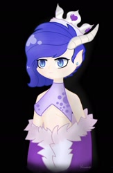 Size: 1080x1661 | Tagged: safe, artist:thefrozendiamond, derpibooru import, oc, oc only, oc:crystal clarity, dracony, human, hybrid, :3, bikini, black background, breasts, clothes, crown, ear piercing, earring, elf ears, female, freckles, horn, horned humanization, horns, humanized, humanized oc, interspecies offspring, jewelry, kilalaverse, midriff, offspring, parent:rarity, parent:spike, parents:sparity, piercing, regalia, royal cape, shoulderless, simple background, solo, swimsuit, underboob
