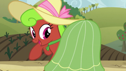 Size: 1920x1080 | Tagged: safe, derpibooru import, screencap, earth pony, pony, apple family reunion, 1080p, apple bottom, apple family member, butt, clothes, female, hat, looking at you, mare, plot, solo
