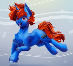 Size: 2000x1800 | Tagged: safe, artist:querisy, derpibooru import, oc, oc only, oc:whirling flow, pony, unicorn, chest fluff, looking at you, male, prancing, smiling, smiling at you, solo, stallion, two toned mane, unshorn fetlocks