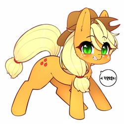 Size: 2500x2500 | Tagged: safe, artist:jupiter, derpibooru import, earth pony, pony, blushing, cowboy hat, freckles, grin, hat, korean, looking at you, simple background, smiling, smiling at you, speech bubble, translation request, white background