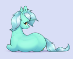Size: 3124x2518 | Tagged: safe, artist:aquaticvibes, derpibooru import, lyra heartstrings, pony, unicorn, female, light blue background, looking at you, looking back, looking back at you, lying down, mare, on side, rear view, simple background, smiling, smiling at you, solo