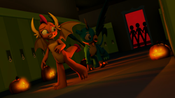 Size: 1920x1080 | Tagged: safe, artist:neondragon, derpibooru import, smolder, dragon, griffon, 3d, corridor, dragoness, female, frightened, halloween, holiday, jack-o-lantern, lockers, nightmare night, pumpkin, scared