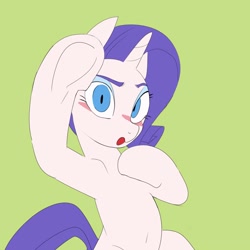 Size: 1250x1250 | Tagged: safe, artist:baigak, derpibooru import, rarity, pony, unicorn, belly button, blushing, female, green background, looking at you, mare, no catchlights, simple background, solo, underhoof