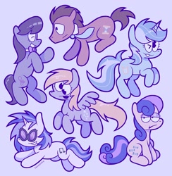 Size: 2002x2048 | Tagged: safe, artist:_face.ache, artist:f4ceache, artist:faceache, derpibooru import, bon bon, derpy hooves, dj pon-3, doctor whooves, lyra heartstrings, octavia melody, sweetie drops, vinyl scratch, earth pony, pegasus, pony, unicorn, background six, bon bon is not amused, derp, lidded eyes, one eye closed, smiling, unamused, wink