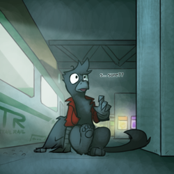 Size: 800x800 | Tagged: safe, artist:captainhoers, derpibooru import, oc, oc:kobal, griffon, the sunjackers, cyberpunk, male, train, train station