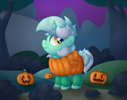 Size: 2522x1987 | Tagged: safe, artist:background basset, derpibooru import, lyra heartstrings, pony, unicorn, clothes, costume, cute, female, halloween, halloween costume, holiday, implied bon bon, jack-o-lantern, lyrabetes, mare, night, pumpkin, side view, smiling, solo