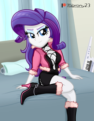 Size: 1023x1312 | Tagged: safe, artist:tabrony23, derpibooru import, rarity, equestria girls, beautiful, bed, bedroom eyes, boots, breasts, clothes, cosplay, costume, cute, dress, electric piano, female, high res, king of fighters, patreon, patreon logo, raritits, sexy, shermie (king of fighters), shoes, show accurate, signature, smiling, solo, stupid sexy rarity