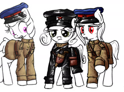 Size: 1950x1450 | Tagged: safe, artist:uteuk, derpibooru import, shady, oc, oc:natrix capefiv, bat pony, earth pony, pony, clothes, gun, handgun, hat, holster, jacket, leather, leather jacket, mauser c96, military uniform, nkvd, peaked cap, pistol, simple background, uniform, weapon, white background