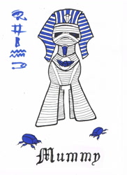 Size: 1154x1587 | Tagged: safe, artist:assertiveshypony, derpibooru import, oc, oc only, pony, hieroglyphics, mummy, scarab, simple background, traditional art, white background